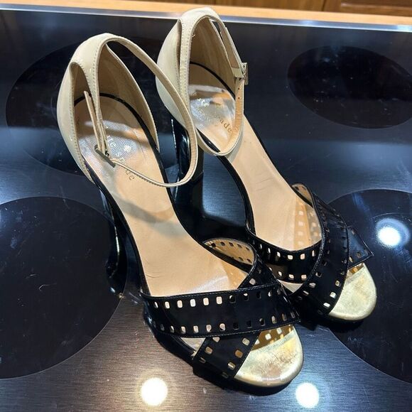 Kate Spade New York Fresia porcelain patent black‎ platform sandal heels size 10 - Picture 1 of 10
